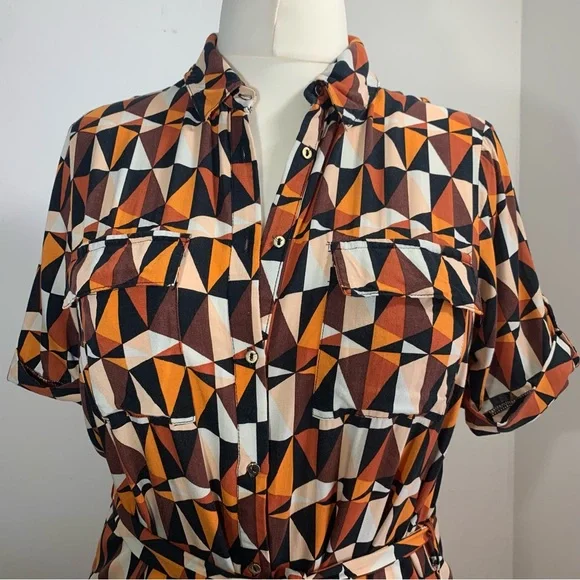 Dorothy Perkins Shirt Dress Orange Black Geometric Print Belted Rolled Sleeve 12 - Picture 5 of 13